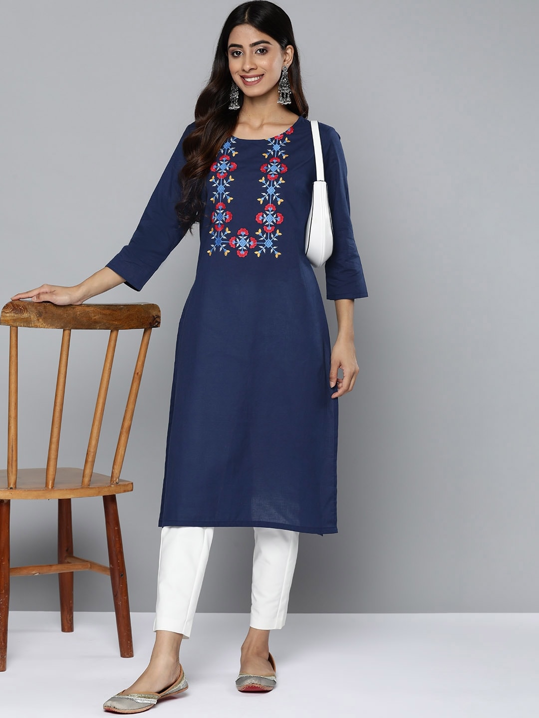 HERE&NOW Yoke Design Thread Work Cotton Kurta - Distacart