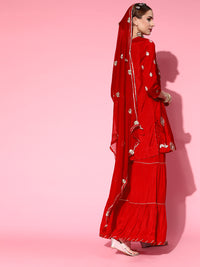 Thumbnail for Ishin Women Red Floral Embroidered Regular Kurta with Sharara & With Dupatta - Distacart