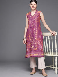 Thumbnail for Biba Women Purple & Brown Pure Cotton Ethnic Motifs Printed V-Neck Sleeveless Kurta - Distacart