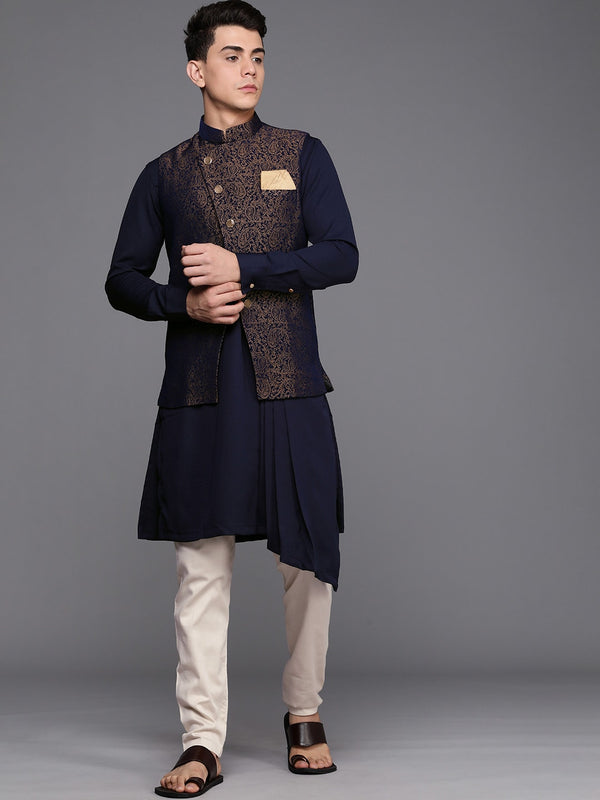 Manyavar Men Navy Blue Solid Pleated Kurta with Pyjamas Printed Nehru Jacket - Distacart