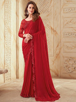 Thumbnail for Mitera Red Striped Embroidered Saree - Distacart