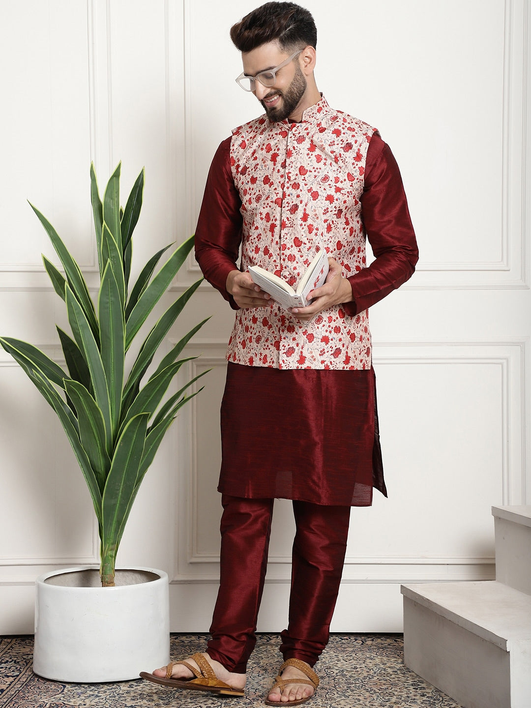 Sojanya Men Maroon & Beige Self Design Kurta with Churidar & Nehru Jacket - Distacart