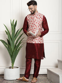 Thumbnail for Sojanya Men Maroon & Beige Self Design Kurta with Churidar & Nehru Jacket - Distacart