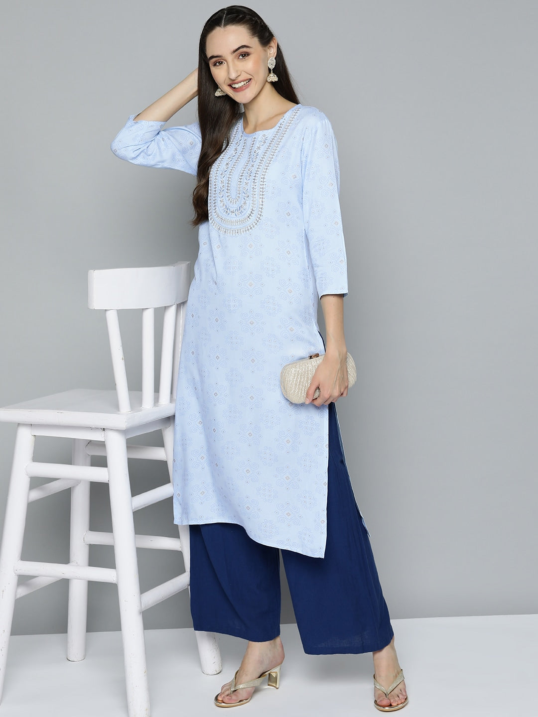 HERE&NOW Women Blue Ethnic Motifs Printed Embroidered Sequin Detail Kurta - Distacart