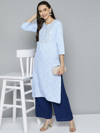Thumbnail for HERE&NOW Women Blue Ethnic Motifs Printed Embroidered Sequin Detail Kurta - Distacart