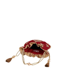 Thumbnail for Masq Red & Gold-Toned Embellished Embroidered Potli Clutch - Distacart