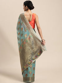 Thumbnail for Mitera Blue & Yellow Ethnic Motifs Zari Organza Saree - Distacart
