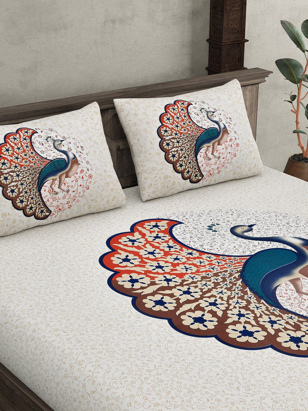 JAIPUR FABRIC Off White & Red Printed 240 TC Cotton King Bedsheet with 2 Pillow Covers - Distacart
