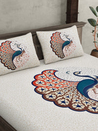 Thumbnail for JAIPUR FABRIC Off White & Red Printed 240 TC Cotton King Bedsheet with 2 Pillow Covers - Distacart