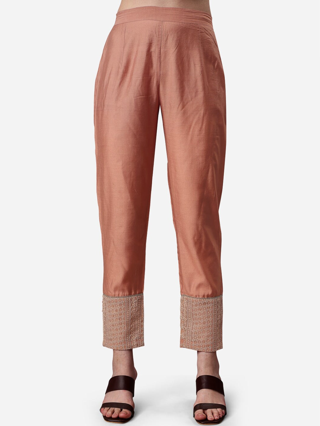 HERE&NOW Lucknowi Chikankari Schiffli Chanderi Silk Kurta Trousers with Organza Dupatta - Distacart
