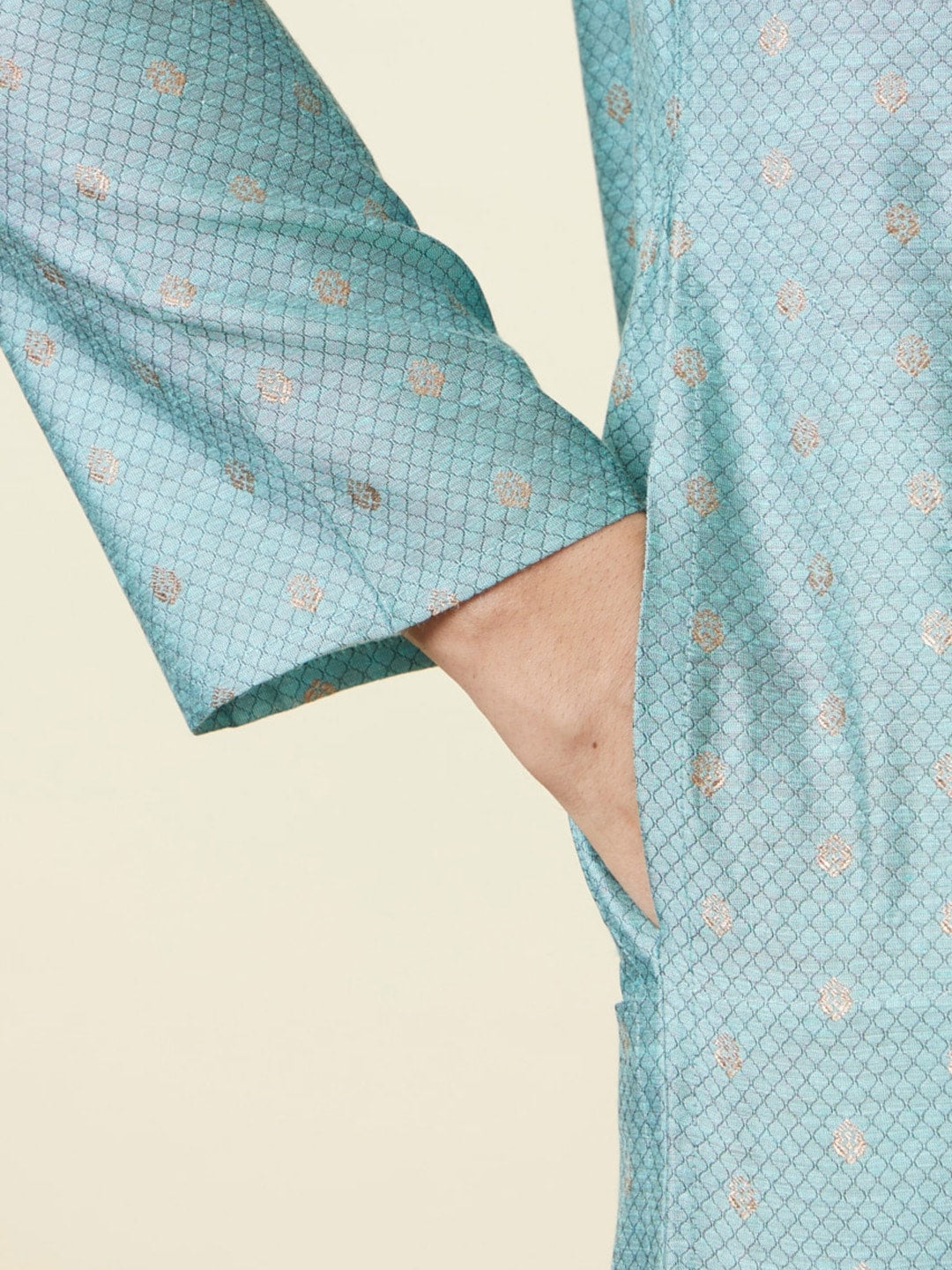 Manyavar Mandarin Collar Woven Design Thread Work Kurta with Pyjamas - Distacart