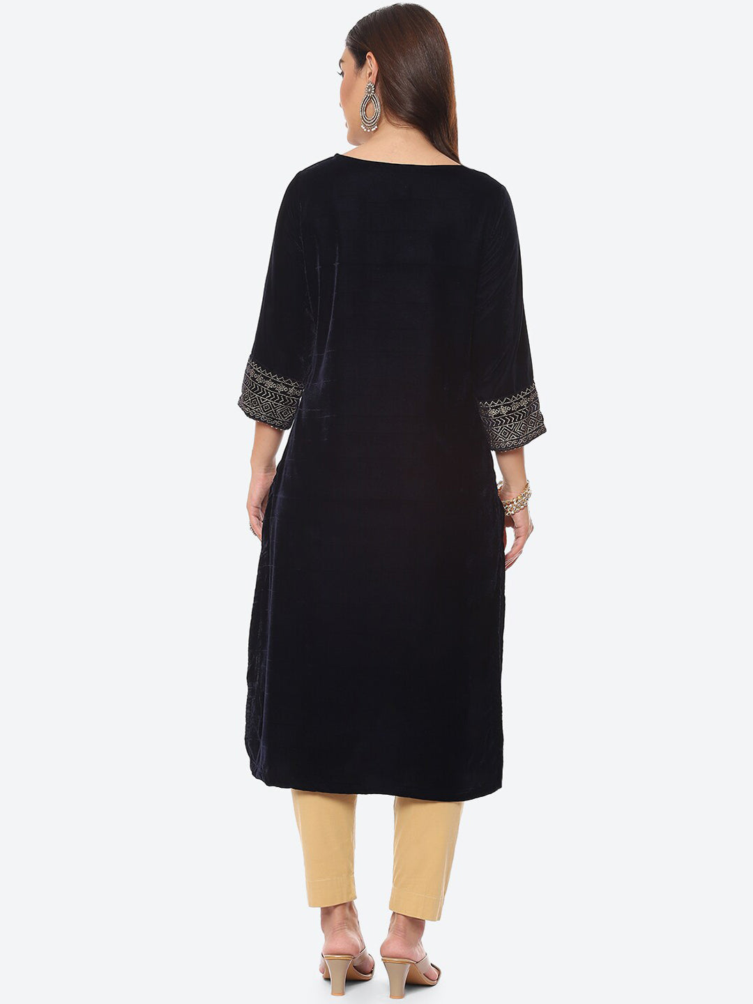 Biba Women Navy Blue Yoke Design Gotta Patti Velvet Straight Fit Kurta - Distacart