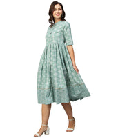 Thumbnail for Green & Off-White Ethnic Motifs Printed Cotton A-Line Dress - Poonam - Distacart