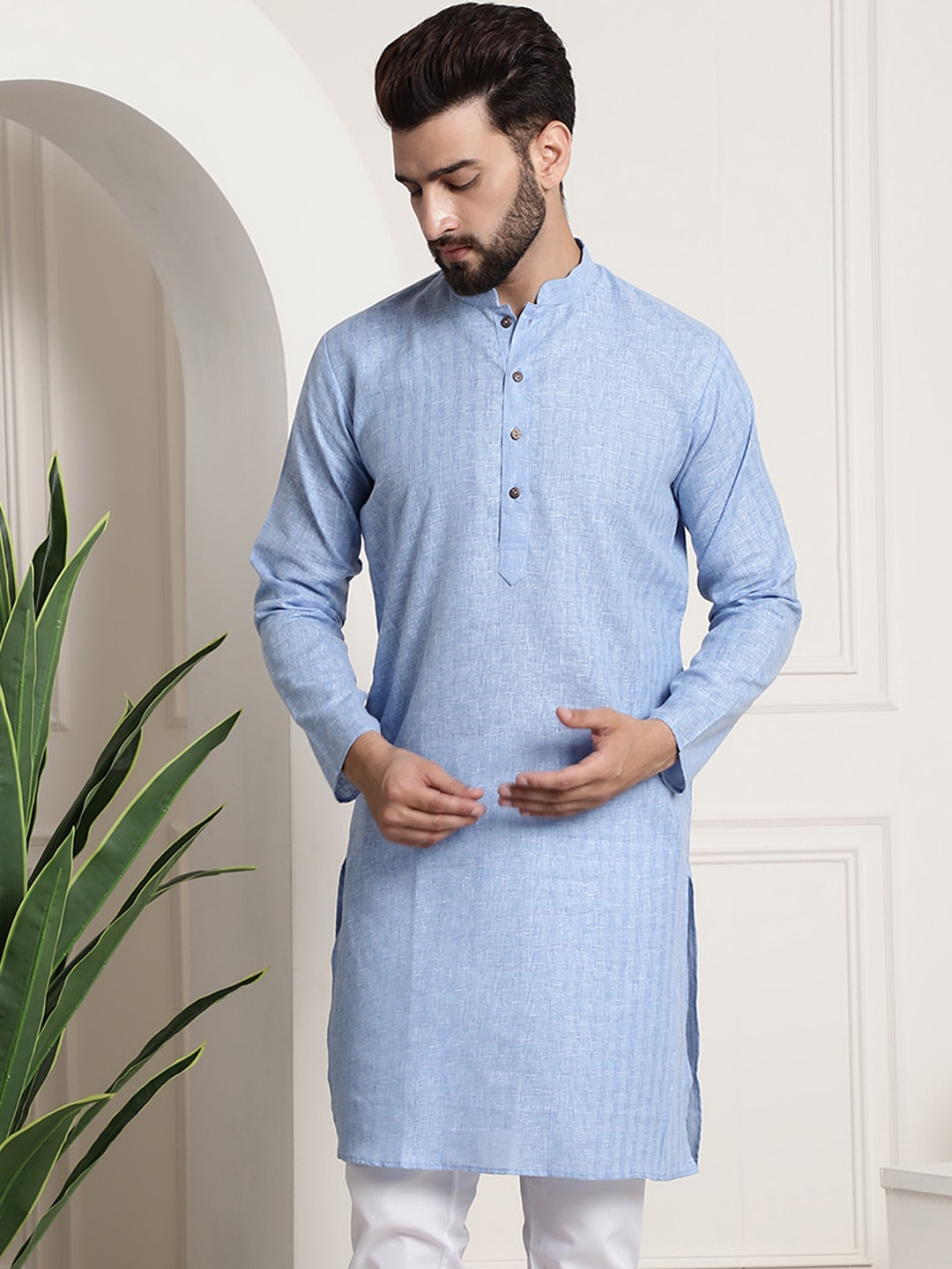Sojanya Men Blue Dobby Self-Checked Straight Kurta - Distacart