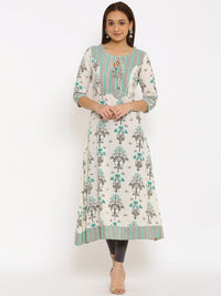 Thumbnail for HERE&NOW Off-White & Grey Floral Printed Cotton Flax A-Line Kurta - Distacart