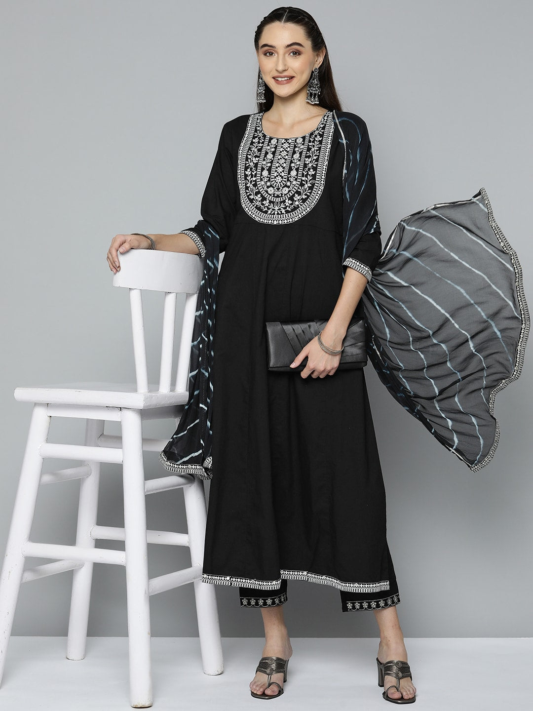 HERE&NOW Women Black Ethnic Motifs Embroidered Kurta with Trousers & With Dupatta - Distacart