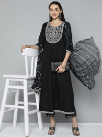 Thumbnail for HERE&NOW Women Black Ethnic Motifs Embroidered Kurta with Trousers & With Dupatta - Distacart