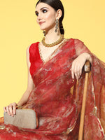 Thumbnail for Tikhi Imli Red Floral Sequinned Organza Saree - Distacart
