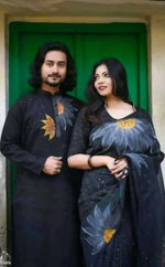 Thumbnail for Exclusive Collection Elegant Hand Printing Designe On Pure Cotton Saree And Men's Kurta - Black - Distacart
