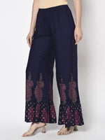 Thumbnail for Aniyah Rayon Navy Blue Color Block Print Flared Slip-On Palazzo (AN-216K)