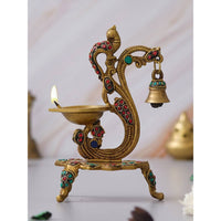 Thumbnail for eCraftIndia Gold Toned Peacock Shaped Traditional Brass Diya With Bell & Stand - Distacart