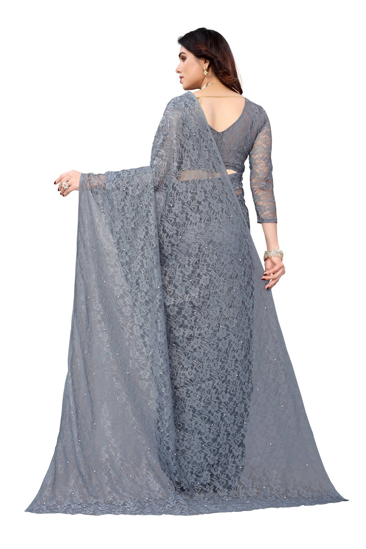 Vamika Ethnic Fire Grey Pearls Net Saree - Distacart