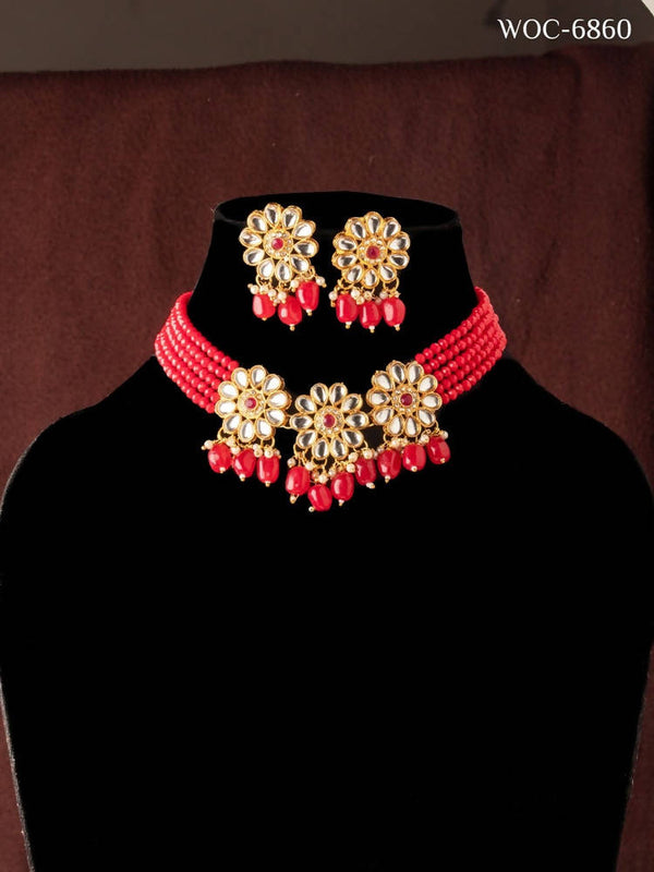 Mominos Fashion Johar Kamal Women's Red Beads Pearls Gold-Plated Jewellery Set