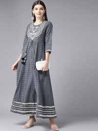 Thumbnail for Yufta Women Grey Geometric Printed Mirror Work Kurta