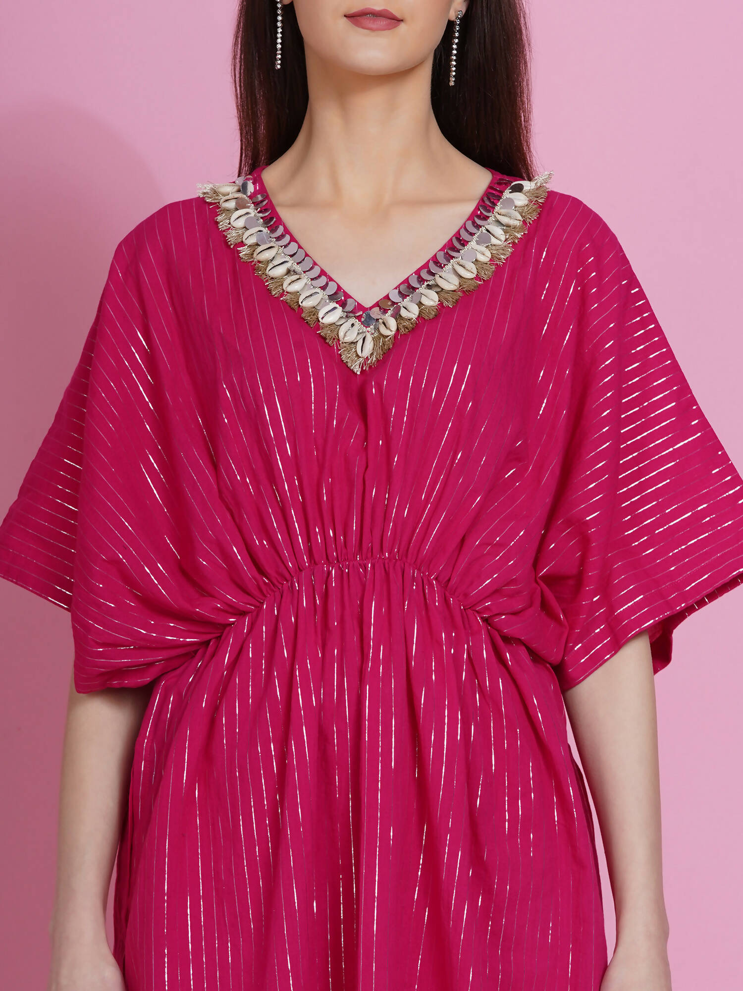 Women Republic Pink Lurex Cotton Kaftan Style Kurta With Pants - Distacart