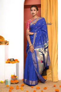 Thumbnail for Very Much Indian Handloom Pure Cotton Paithani -Ink Blue - Distacart