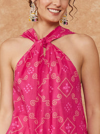 Thumbnail for InWeave Women's Fuchsia S Print Twisted Neckline Kurta Pant Set - Distacart