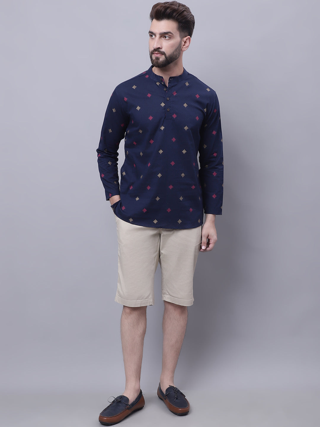 Even Apparels Blue Pure Cotton Short Kurta With Band Collar - Distacart