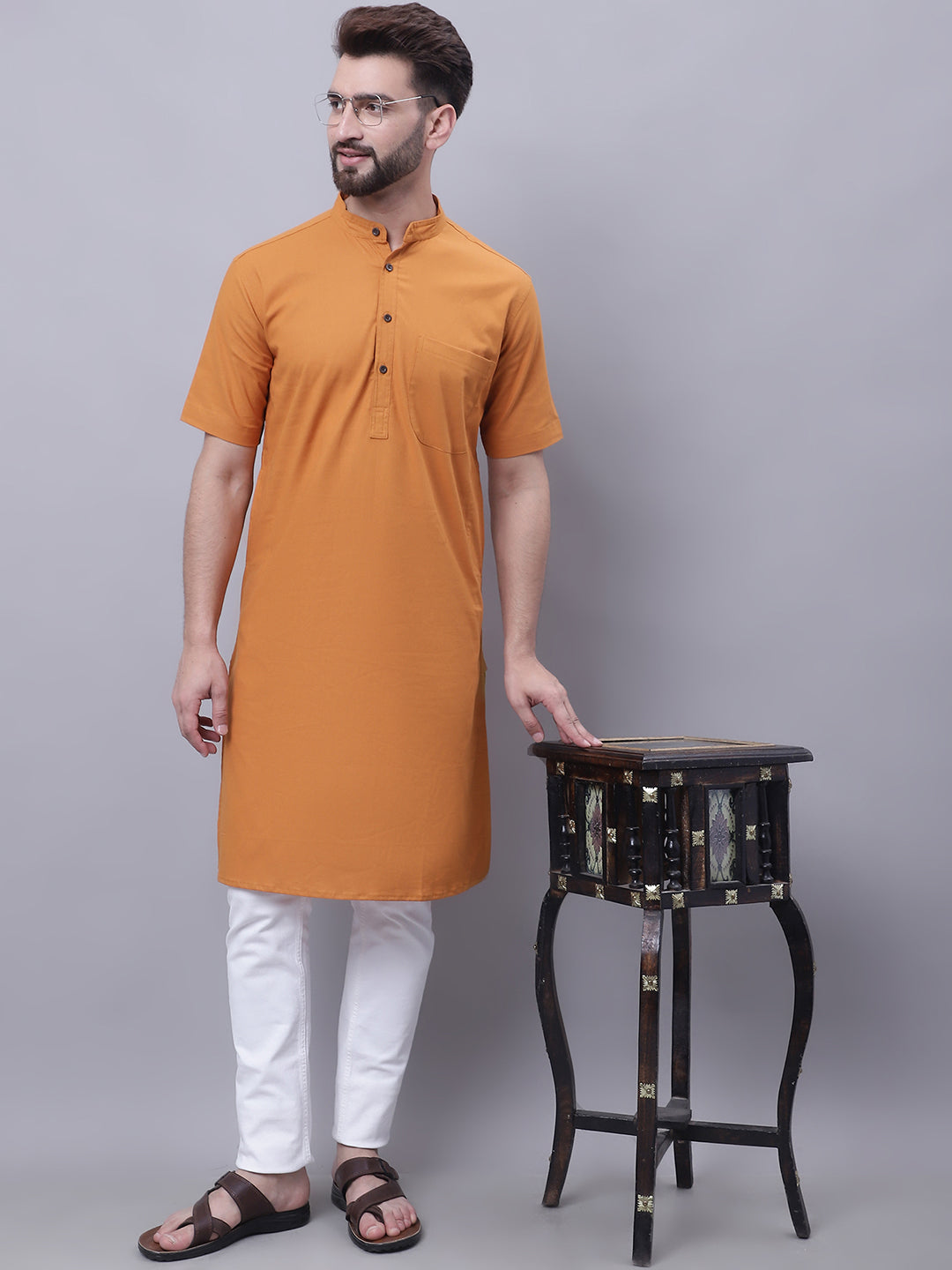 Even Apparels Yellow Pure Cotton Short Sleeves Kurta With Band Collar - Distacart