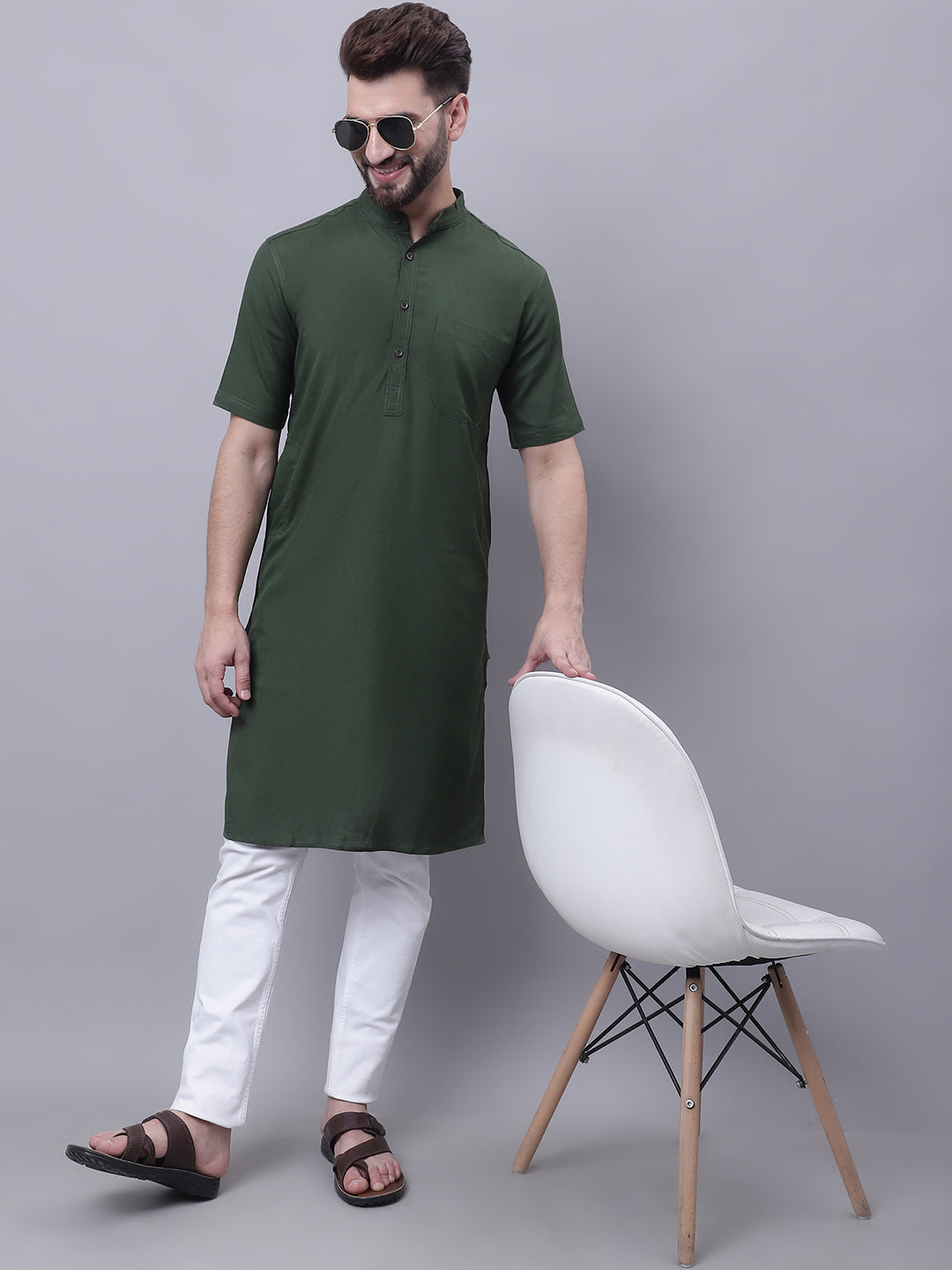 Even Apparels Green Pure Cotton Short Sleeves Kurta With Band Collar - Distacart
