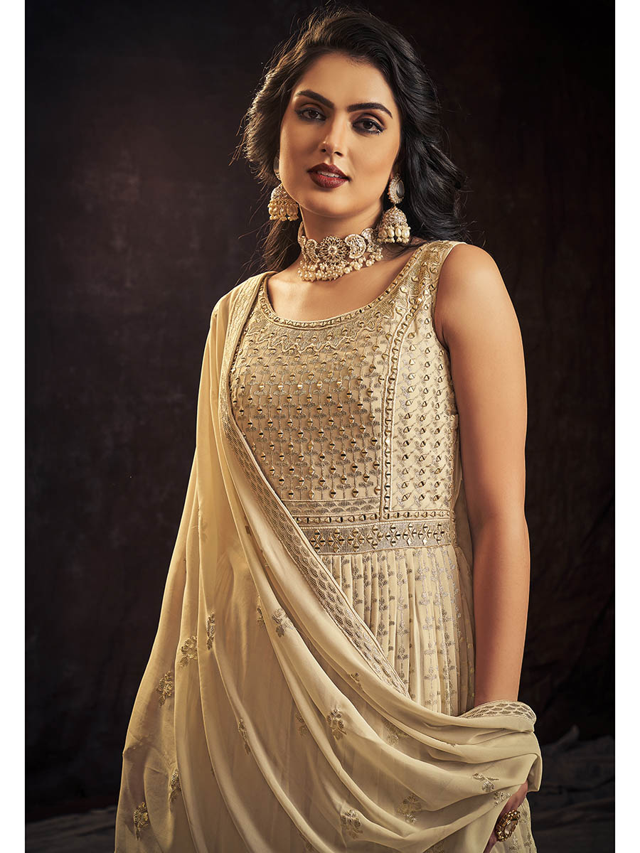 Myra Cream Real Georgette Designer Gown Style Suit - Distacart