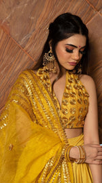 Thumbnail for Pomcha Jaipur Rabia Yellow Cotton Silk Lehenga Set - Distacart