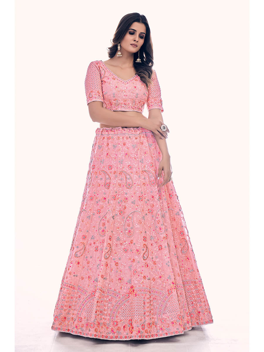 Myra Pink Soft Net Embroidered Designer Lehenga Choli - Distacart