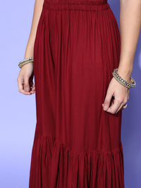 Thumbnail for InWeave Women's Blue Printed Kurta Sharara Set With Burgundy Organza Dupatta - Distacart