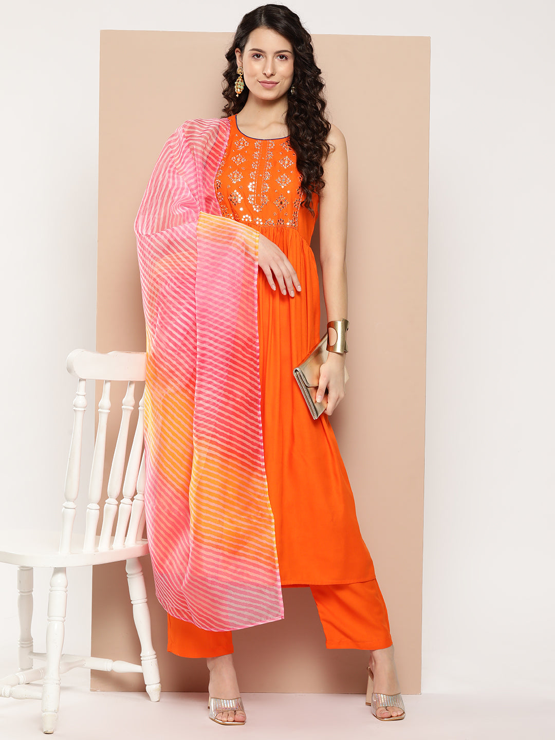 InWeave Women's Orange Mirror Work Aline Strappy Kurta Set W Pink Yellow Leh Dupatta - Distacart