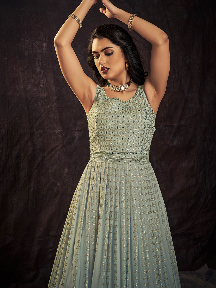Myra Light Blue Real Georgette Designer Gown Style Suit - Distacart
