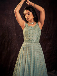 Thumbnail for Myra Light Blue Real Georgette Designer Gown Style Suit - Distacart