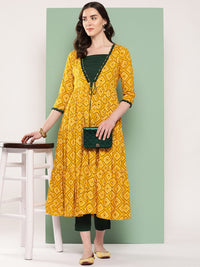 Thumbnail for InWeave Women's Green Top Bottom W Mustard Bandhej Long Shrug Set - Distacart