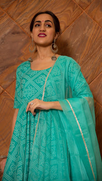 Thumbnail for Pomcha Jaipur Bandhej Tiffany Blue Cotton Anarkali Set - Distacart