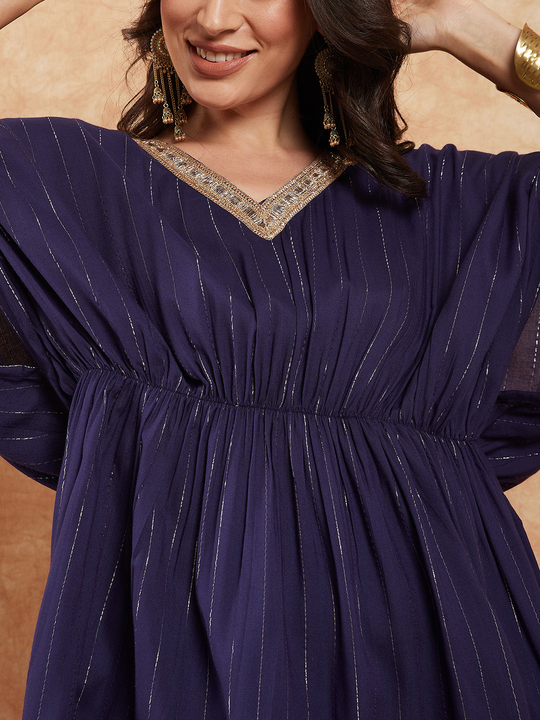 InWeave Women's Royal Blue Lurex V Neck Gota Kaftan Style Kurta Set - Distacart