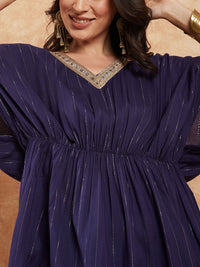 Thumbnail for InWeave Women's Royal Blue Lurex V Neck Gota Kaftan Style Kurta Set - Distacart