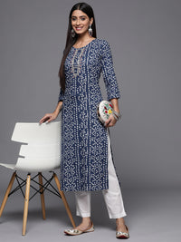 Thumbnail for Varanga Blue Bandhani Print Embroidered Kurta Has Round Neck - Distacart