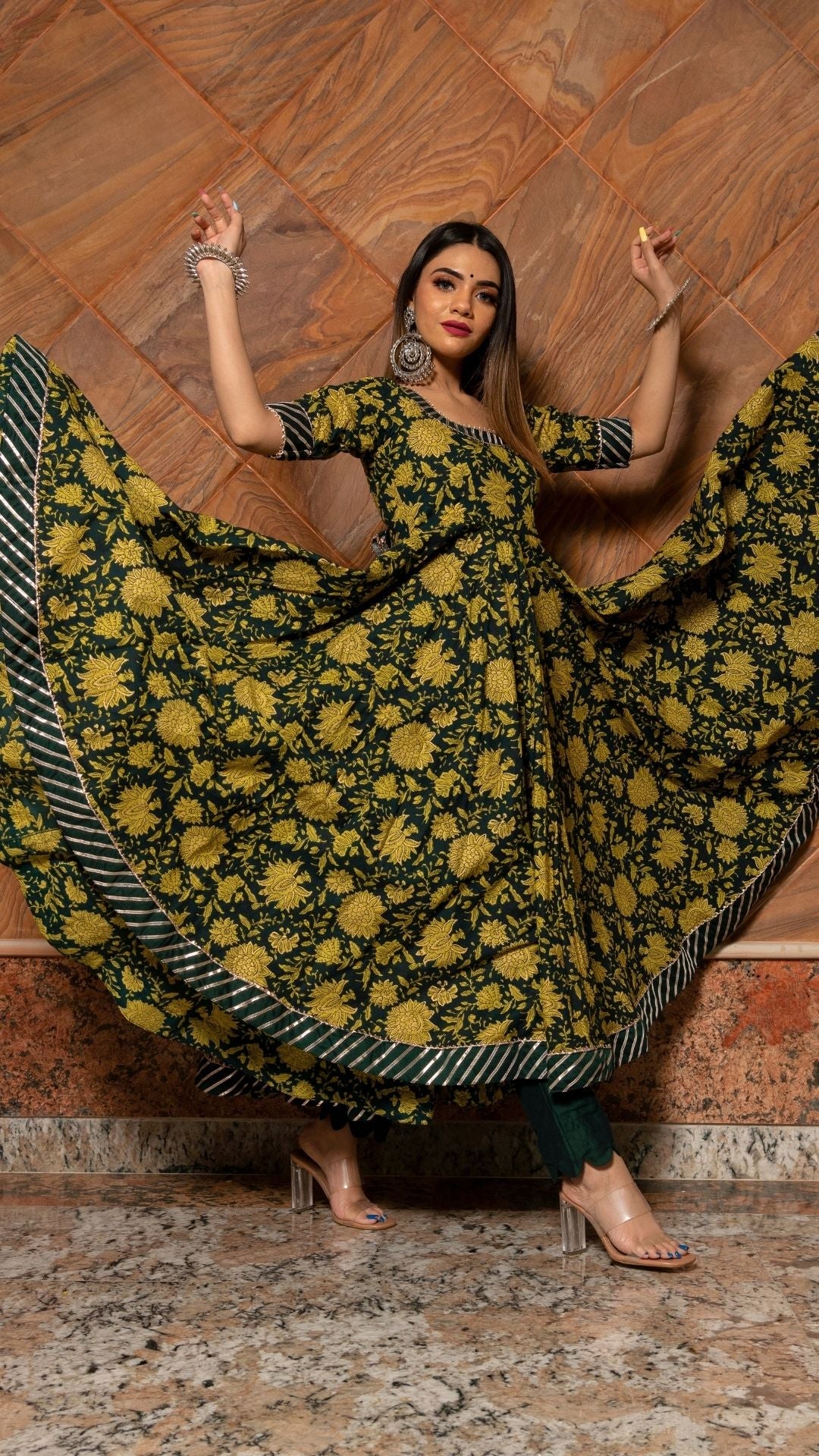 Pomcha Jaipur Idika Green Hand Block Anarkali Set - Distacart