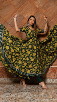 Thumbnail for Pomcha Jaipur Idika Green Hand Block Anarkali Set - Distacart