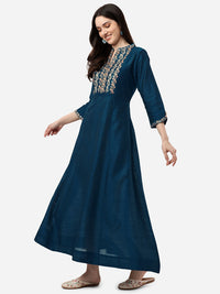 Thumbnail for HERE&NOW Mandarin Collar Floral Embroidered A-Line Regular Fit Silk Kurta - Distacart