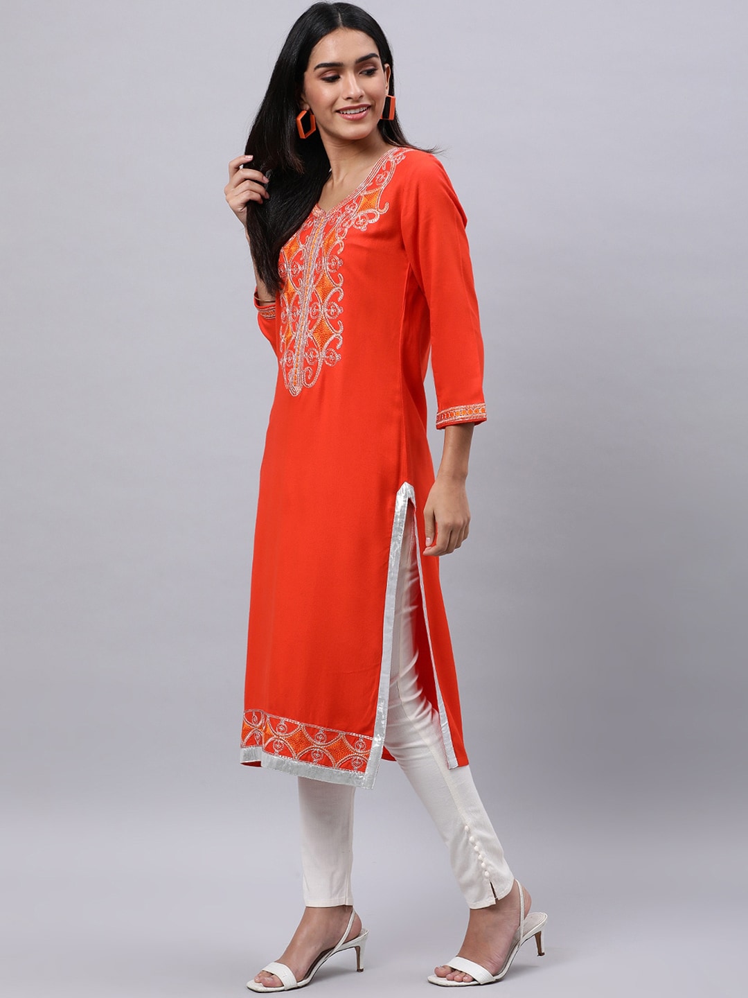 Souchii Orange Ethnic Motifs Thread Work Grandeur & Majestic Artwork Kurta - Distacart